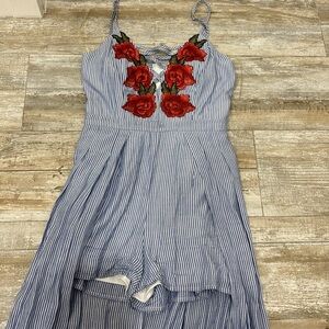 Blue striped high low romper with rose embroidery NWOT